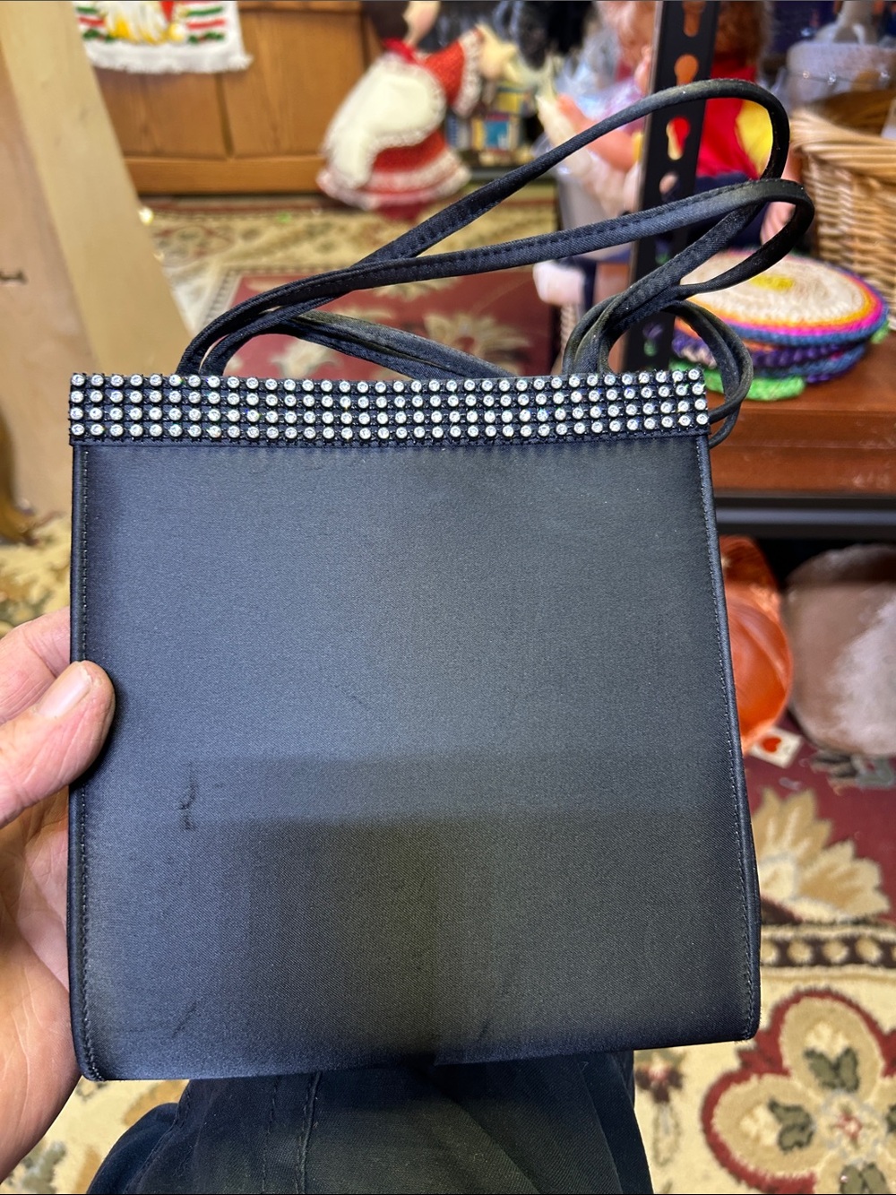 Cache Black Satin Crossbody with Crystal Trim Accent